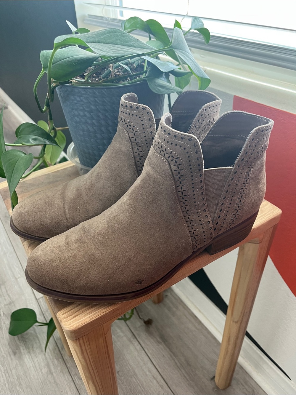 MIA Taupe Suede Laser-Cut Ankle Booties